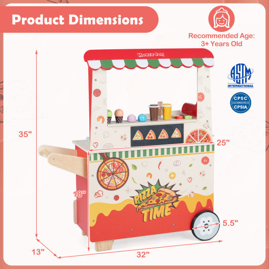 Kids Pizza Food Truck Wooden Pretend Play Snack Cart with Oven-Red