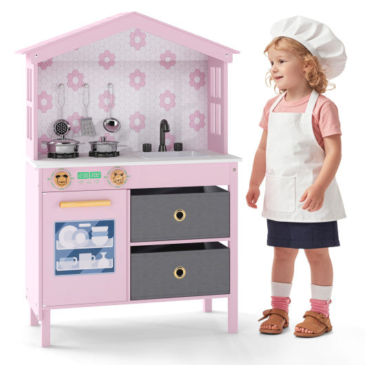 Kids Play Kitchen Children Toy Kitchen Playset with 2 Stoves and Rotation Knobs-Pink