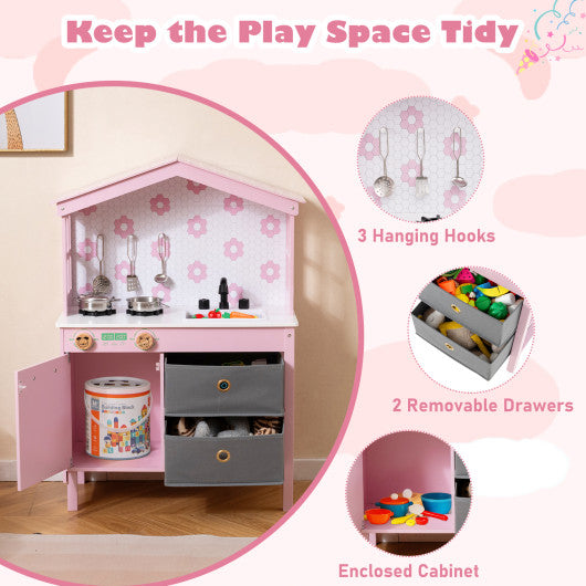 Kids Play Kitchen Children Toy Kitchen Playset with 2 Stoves and Rotation Knobs-Pink