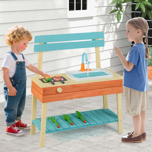 Kids Play Kitchen Set Wooden Kitchen Playset Chef Pretend Mud Kitchen-Blue