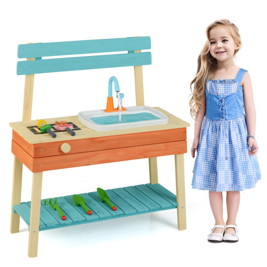 Kids Play Kitchen Set Wooden Kitchen Playset Chef Pretend Mud Kitchen-Blue