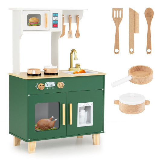 Kids Play Kitchen with Microwave and Rotation Knobs for Girls Boys Aged 3-6-Green