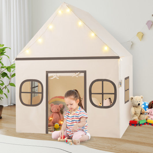 Kids Play Tent Large Playhouse with Door Curtain and Windows Star Lights-Beige