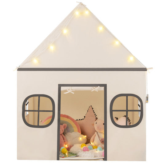 Kids Play Tent Large Playhouse with Door Curtain and Windows Star Lights-Beige