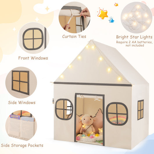 Kids Play Tent Large Playhouse with Door Curtain and Windows Star Lights-Beige