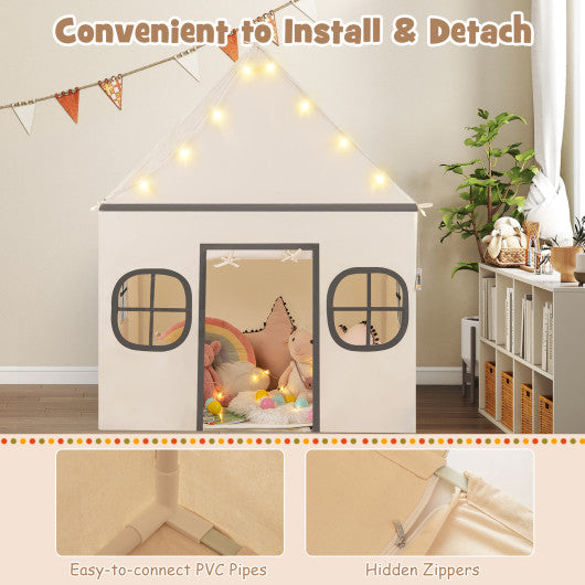 Kids Play Tent Large Playhouse with Door Curtain and Windows Star Lights-Beige