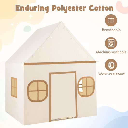 Kids Play Tent Large Playhouse with Door Curtain and Windows Star Lights-Coffee