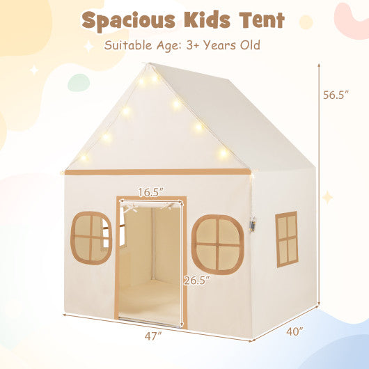 Kids Play Tent Large Playhouse with Door Curtain and Windows Star Lights-Coffee