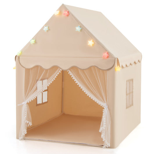 Kids Playhouse Tent with Star Lights and Mat-Beige