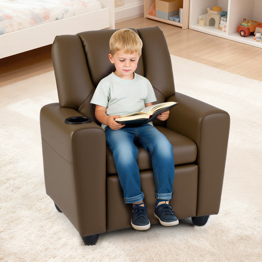 Kids Recliner Chair Push Back Toddler Reclining Armchair with Cup Holder-Brown