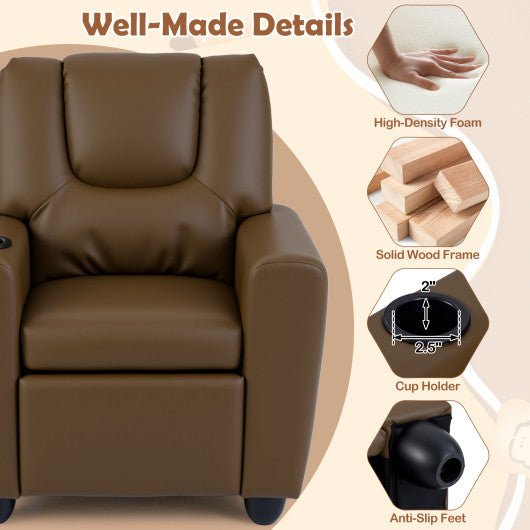 Kids Recliner Chair Push Back Toddler Reclining Armchair with Cup Holder-Brown
