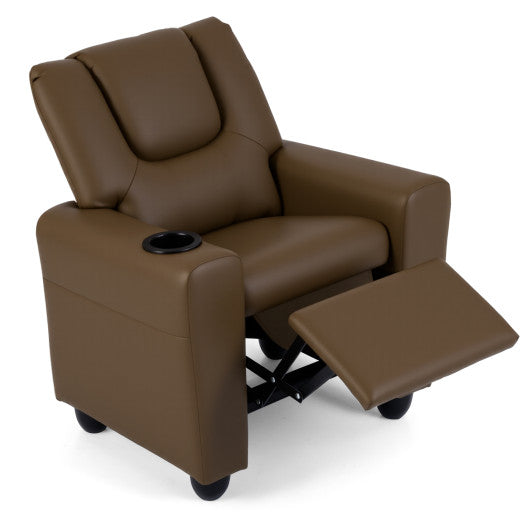 Kids Recliner Chair Push Back Toddler Reclining Armchair with Cup Holder-Brown