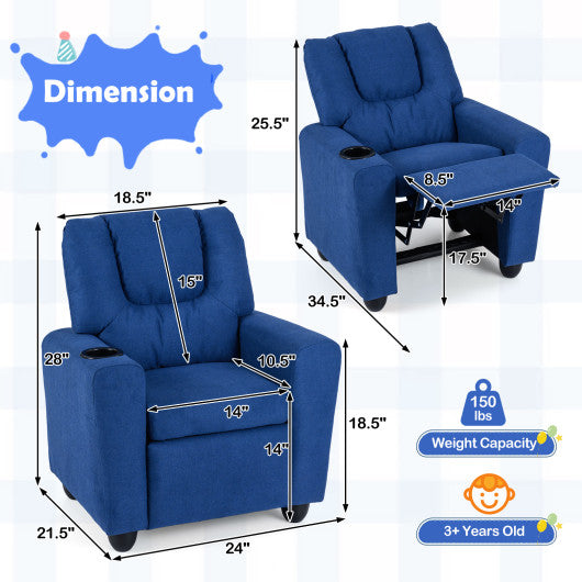 Kids Recliner Chair Push Back Toddler Reclining Armchair with Cup Holder-Blue