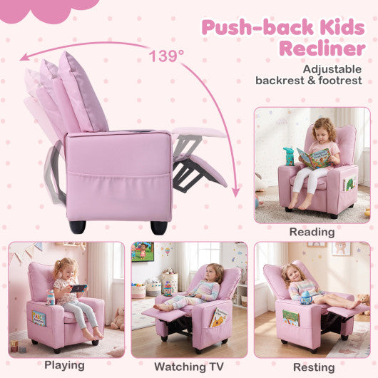 Kids Recliner with Cup Holder Armrests and Adjustable Backrest for Playroom-Pink