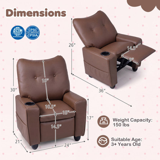 Kids Recliner with Cup Holder Armrests and Adjustable Backrest for Playroom-Brown