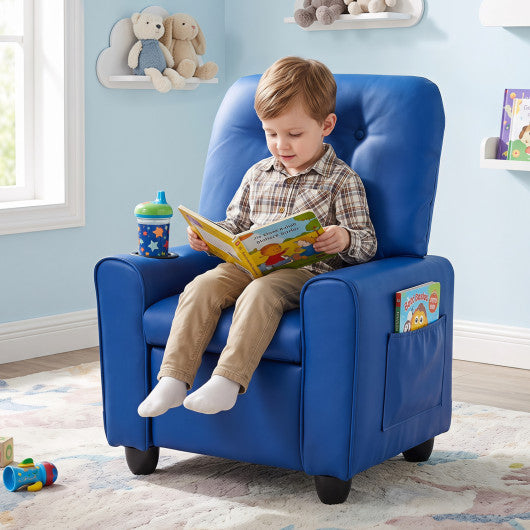 Kids Recliner with Cup Holder & Armrests and Adjustable Backrest Footrest-Blue