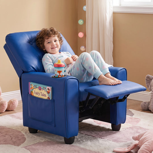 Kids Recliner with Cup Holder & Armrests and Adjustable Backrest Footrest-Blue