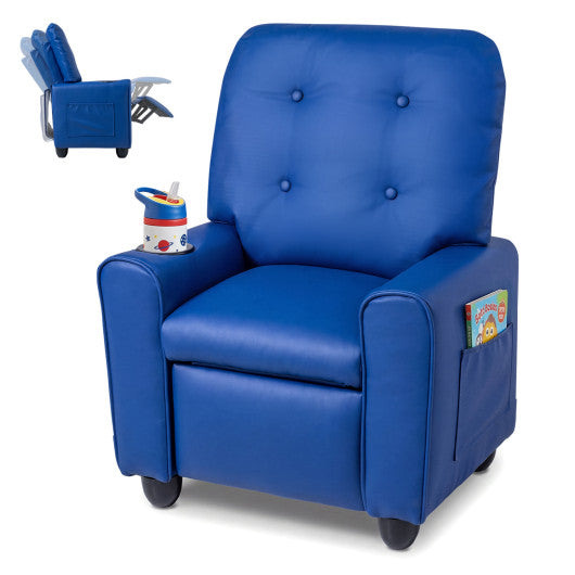 Kids Recliner with Cup Holder & Armrests and Adjustable Backrest Footrest-Blue