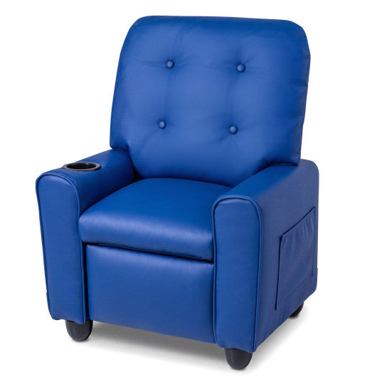Kids Recliner with Cup Holder & Armrests and Adjustable Backrest Footrest-Blue
