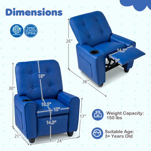 Kids Recliner with Cup Holder & Armrests and Adjustable Backrest Footrest-Blue
