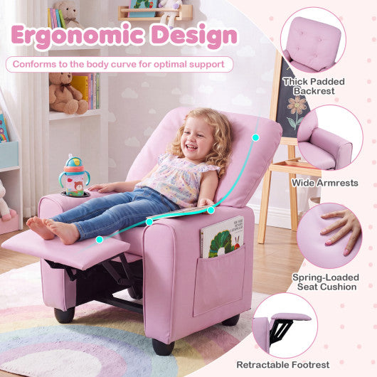 Kids Recliner with Cup Holder & Armrests and Adjustable Backrest Footrest-Pink