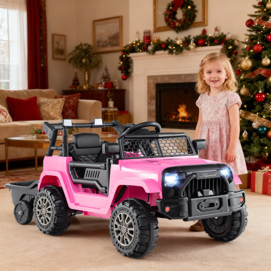 Kids Ride On UTV Car with Detachable Trailer 12V Battery Powered Ride On Truck-Pink