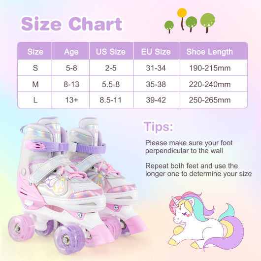 Kids Roller Skates 4 Sizes Adjustable Quad Skates with Light-up Wheels-Pink