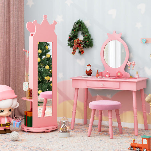 Kids Room Furniture Set Princess Vanity Table and Stool Set with Mirror and Drawer-Pink