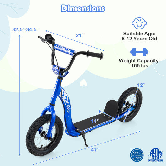 Kids Scooter Youth Kick Scooter with Adjustable Height Handlebar 12-Inch Inflatable Wheels-Navy