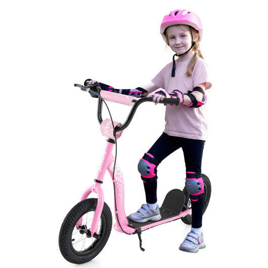 Kids Scooter Youth Kick Scooter with Adjustable Height Handlebar 12-Inch Inflatable Wheels-Pink