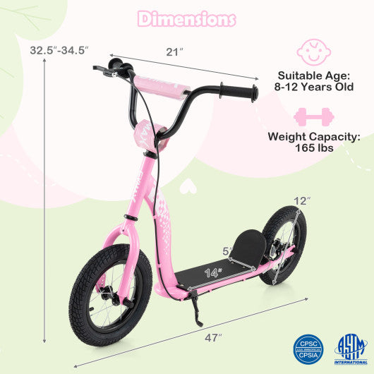 Kids Scooter Youth Kick Scooter with Adjustable Height Handlebar 12-Inch Inflatable Wheels-Pink