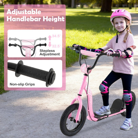 Kids Scooter Youth Kick Scooter with Adjustable Height Handlebar 12-Inch Inflatable Wheels-Pink