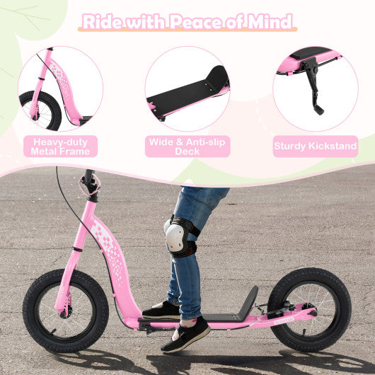 Kids Scooter Youth Kick Scooter with Adjustable Height Handlebar 12-Inch Inflatable Wheels-Pink