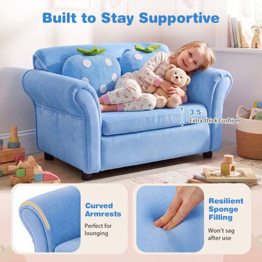 Kids Strawberry Armrest Chair Sofa with 2 Cute Strawberry Pillows-Light Blue
