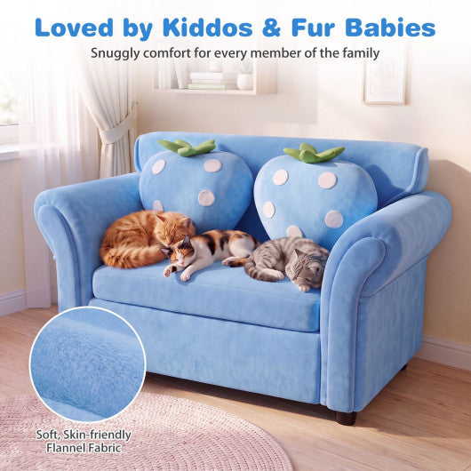 Kids Strawberry Armrest Chair Sofa with 2 Cute Strawberry Pillows-Light Blue
