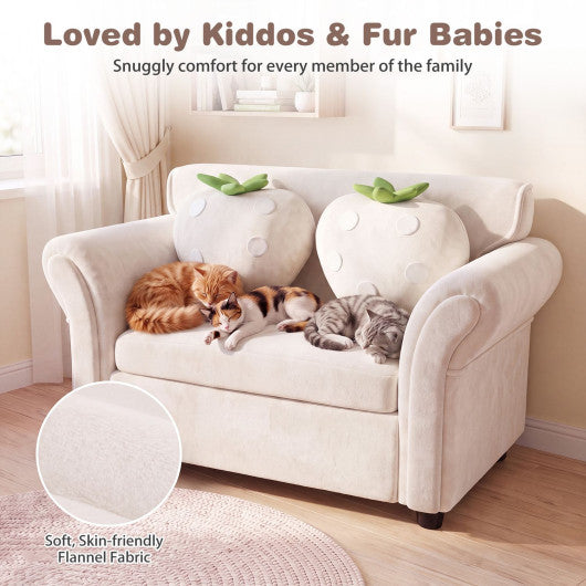 Kids Strawberry Armrest Chair Sofa with 2 Cute Strawberry Pillows-Beige