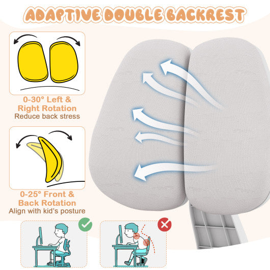 Kids Study Chair with Adjustable Double Backrest and Footrest-Gray