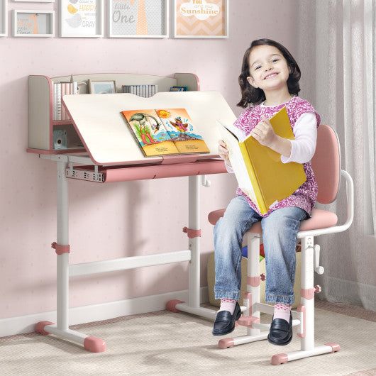 Height Adjustable Kids Study Desk with Tilt Desktop-Pink