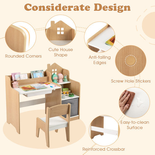 Kids Study Desk and Chair Set with Open Shelves Drawer and Fabric Storage Bin-Natural