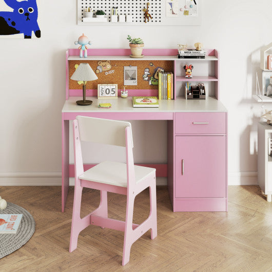 Kids Study Desk and Chair Set Student Table and Chair-White + Pink