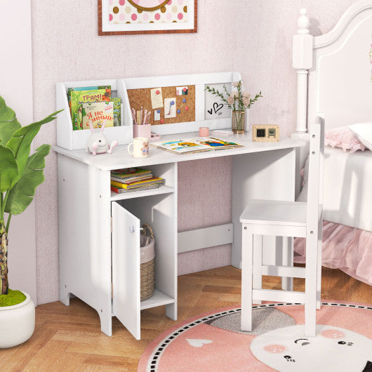 Wooden Kids Study Desk and Chair Set with Storage Cabinet and Bulletin Board-White