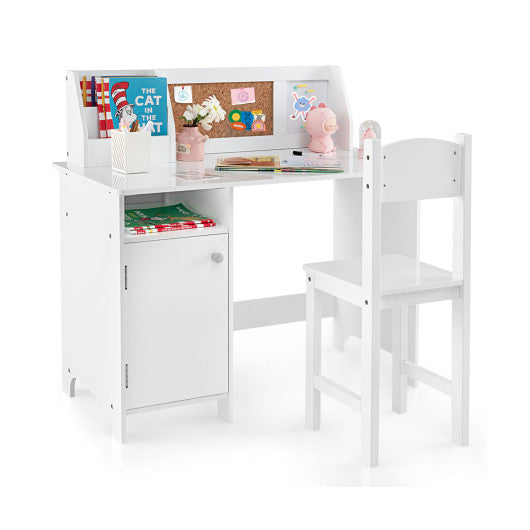 Wooden Kids Study Desk and Chair Set with Storage Cabinet and Bulletin Board-White