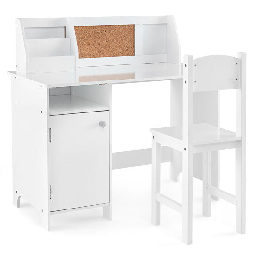 Wooden Kids Study Desk and Chair Set with Storage Cabinet and Bulletin Board-White