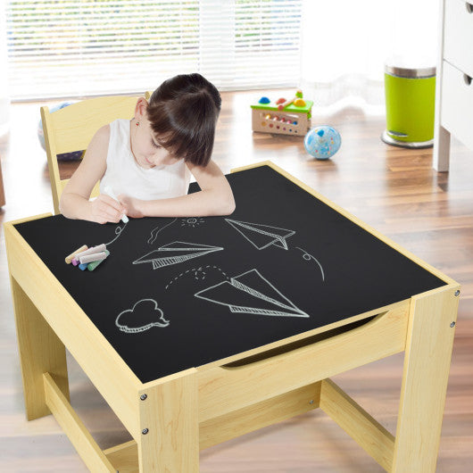 Kids Table Chairs Set With Storage Boxes Blackboard Whiteboard Drawing-Natural