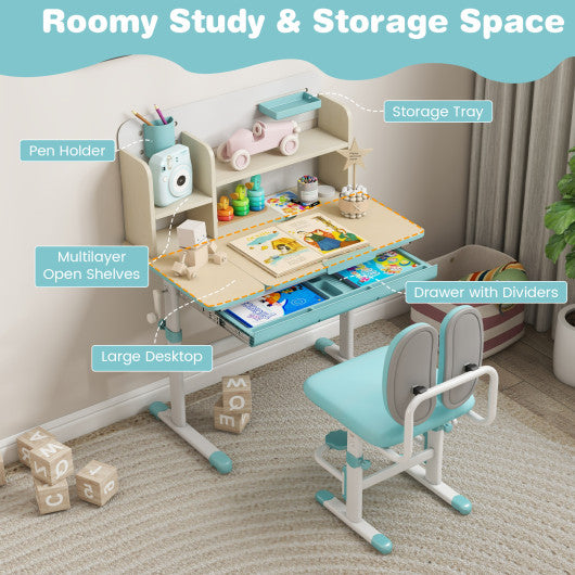 Height Adjustable Children School Home Study Table and Chair Set with Tilted Desktop for 3-12 Years Old-Blue