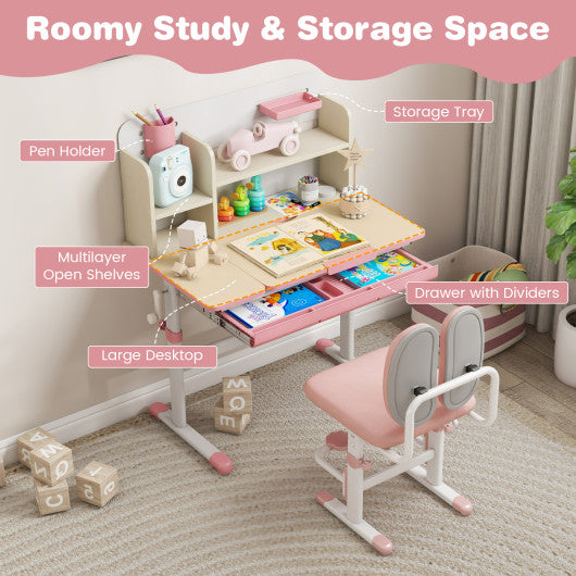 Height Adjustable Children School Home Study Table and Chair Set with Tilted Desktop for 3-12 Years Old-Pink