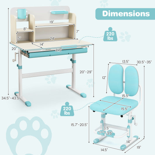 Height Adjustable Children School Home Study Table and Chair Set with Tilted Desktop for 3-12 Years Old-Blue