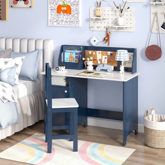 Kids Table and Chair Set with Bookshelf and Cabinet Study Table for Bedroom-Blue