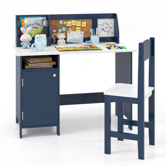 Kids Table and Chair Set with Bookshelf and Cabinet Study Table for Bedroom-Blue