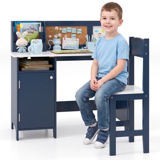 Kids Table and Chair Set with Bookshelf and Cabinet Study Table for Bedroom-Blue